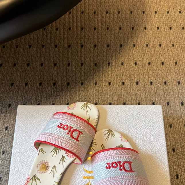 DIOR 26S SLIDES DWAY IN PINK RED EMBROIDERED CANVAS WITH LOGO & FLORAL PRINT FOOTBED