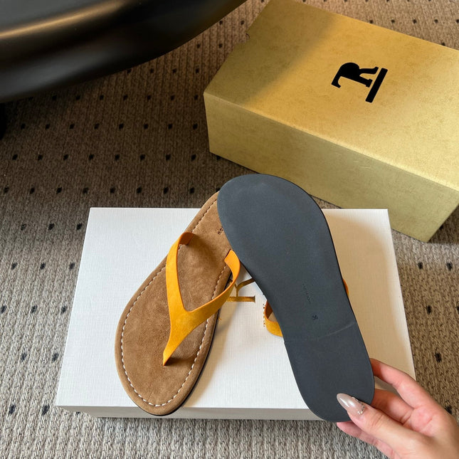 THE ROW 26S THONG SANDALS IN MUSTARD YELLOW SUEDE
