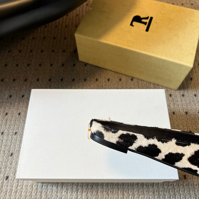 THE ROW 26S SQUARE TOE BACKLESS SLIDES IN WHITE COW PRINT CALF HAIR