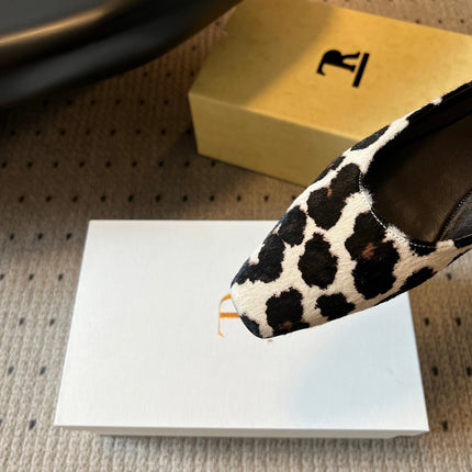 THE ROW 26S SQUARE TOE BACKLESS SLIDES IN WHITE COW PRINT CALF HAIR