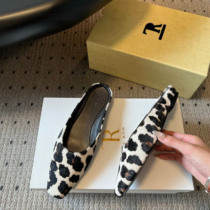 THE ROW 26S SQUARE TOE BACKLESS SLIDES IN WHITE COW PRINT CALF HAIR
