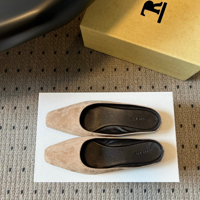 THE ROW 26S SQUARE TOE BACKLESS SLIDES IN LIGHT BROWN CALF HAIR