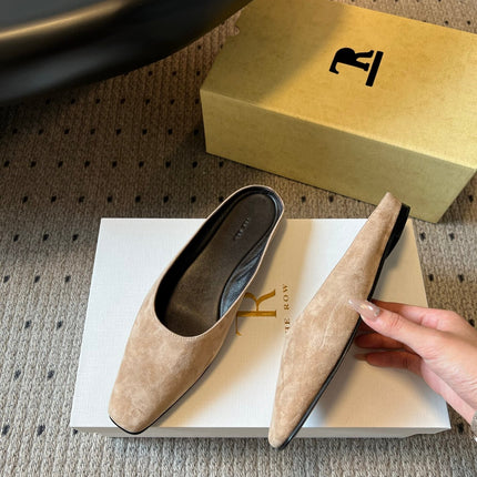 THE ROW 26S SQUARE TOE BACKLESS SLIDES IN LIGHT BROWN CALF HAIR
