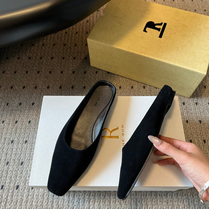 THE ROW 26S SQUARE TOE BACKLESS SLIDES IN BLACK CALF HAIR