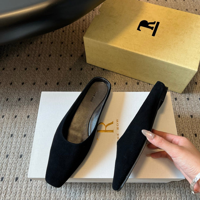 THE ROW 26S SQUARE TOE BACKLESS SLIDES IN BLACK CALF HAIR