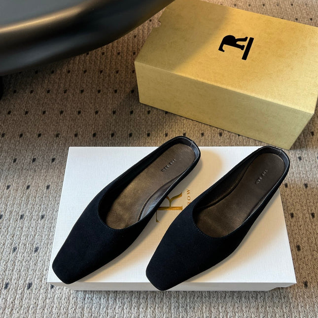 THE ROW 26S SQUARE TOE BACKLESS SLIDES IN BLACK CALF HAIR