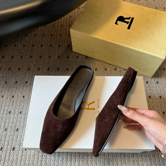 THE ROW 26S SQUARE TOE BACKLESS SLIDES IN DARK BROWN CALF HAIR