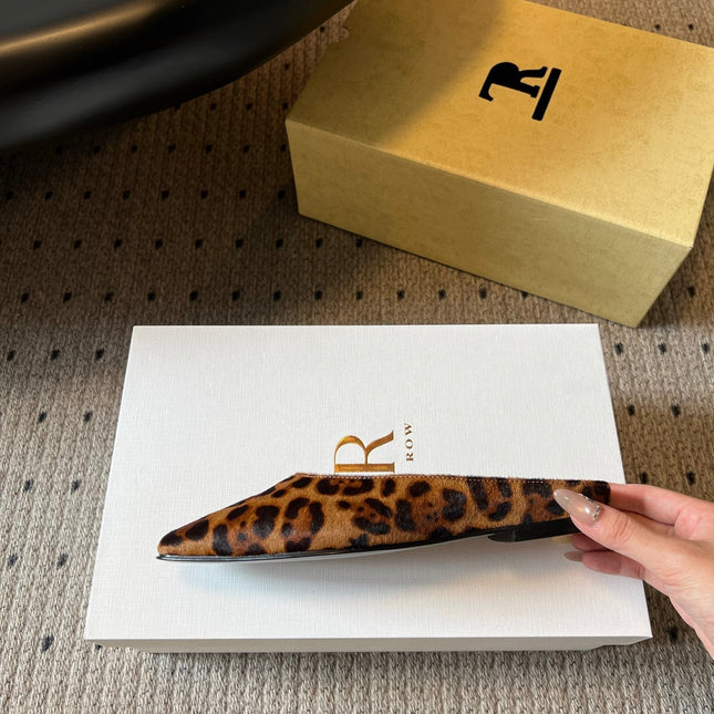 THE ROW 26S SQUARE TOE BACKLESS SLIDES IN BROWN SPOTTED CALF HAIR