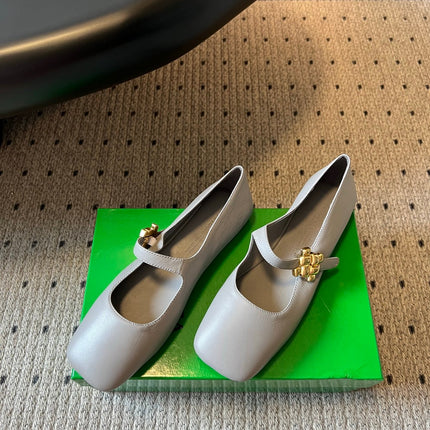 BOTTEGA VENETA 26S MARY JANE FLATS IN DARK GREY LAMBSKIN WITH GOLD HARDWARE
