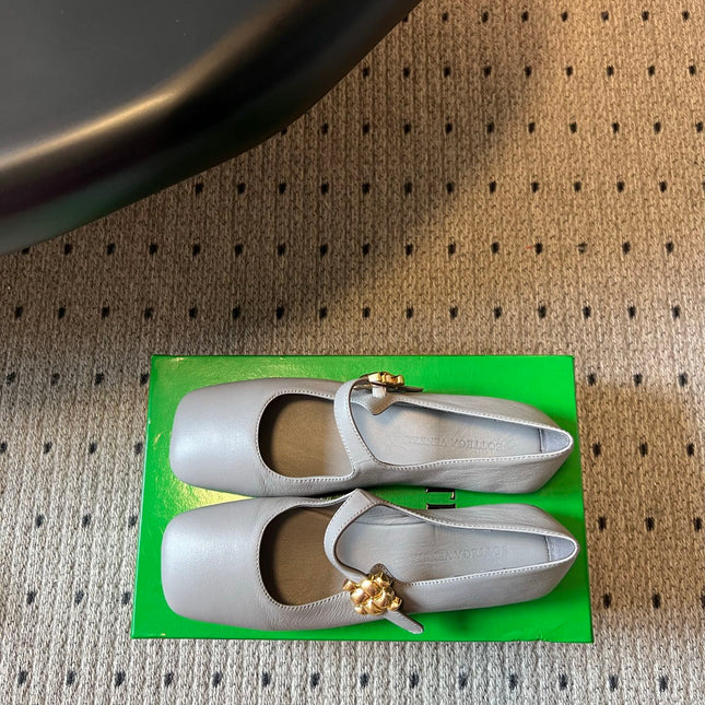 BOTTEGA VENETA 26S MARY JANE FLATS IN DARK GREY LAMBSKIN WITH GOLD HARDWARE