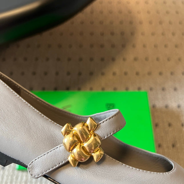 BOTTEGA VENETA 26S MARY JANE FLATS IN DARK GREY LAMBSKIN WITH GOLD HARDWARE