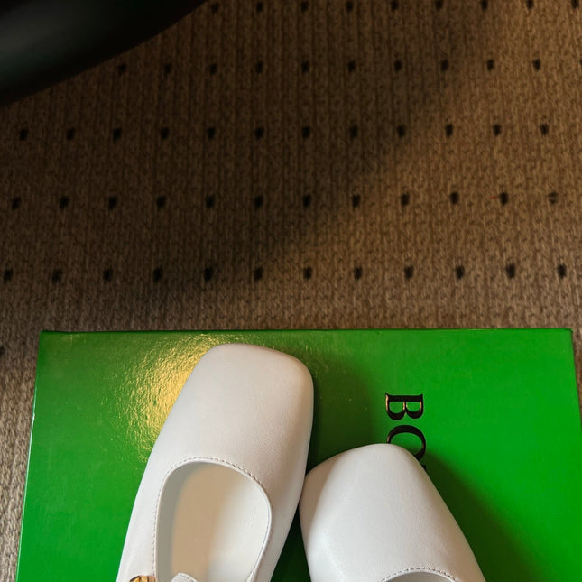 BOTTEGA VENETA 26S MARY JANE FLATS IN WHITE LAMBSKIN WITH GOLD HARDWARE