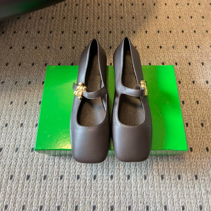 BOTTEGA VENETA 26S MARY JANE FLATS IN DARK BROWN LAMBSKIN WITH GOLD HARDWARE