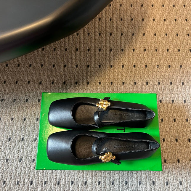 BOTTEGA VENETA 26S MARY JANE FLATS IN BLACK LAMBSKIN WITH GOLD HARDWARE