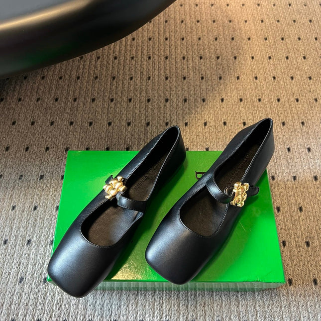 BOTTEGA VENETA 26S MARY JANE FLATS IN BLACK LAMBSKIN WITH GOLD HARDWARE