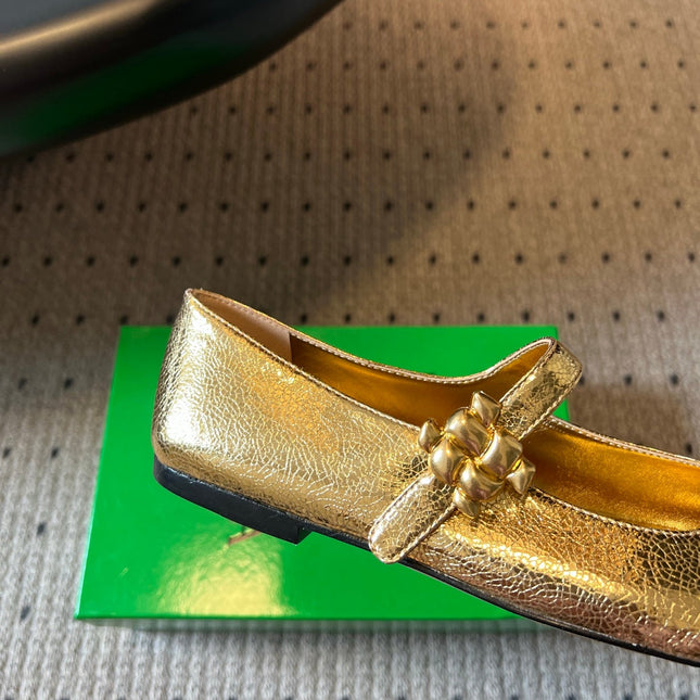 BOTTEGA VENETA 26S MARY JANE FLATS IN GOLD LAMBSKIN WITH GOLD HARDWARE