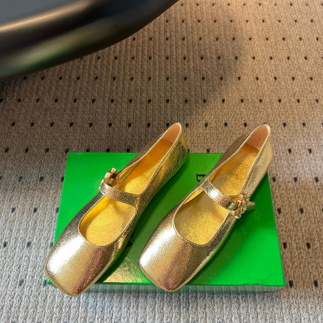BOTTEGA VENETA 26S MARY JANE FLATS IN GOLD LAMBSKIN WITH GOLD HARDWARE