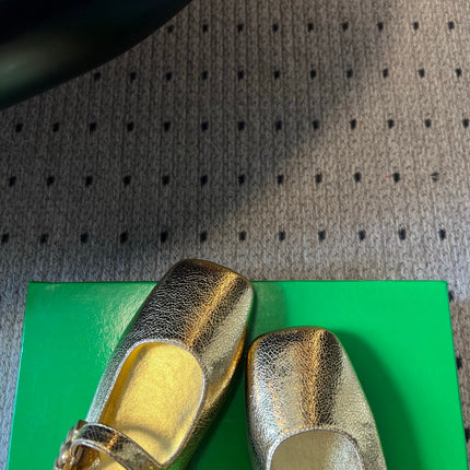 BOTTEGA VENETA 26S MARY JANE FLATS IN GOLD LAMBSKIN WITH GOLD HARDWARE