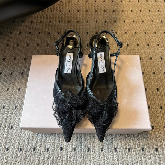 JIMMY CHOO 26S HEELED SLINGSBACKS 50 MM IN BLACK LACE AND CALFSKIN