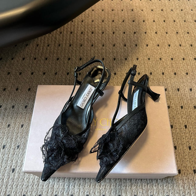 JIMMY CHOO 26S HEELED SLINGSBACKS 50 MM IN BLACK LACE AND CALFSKIN