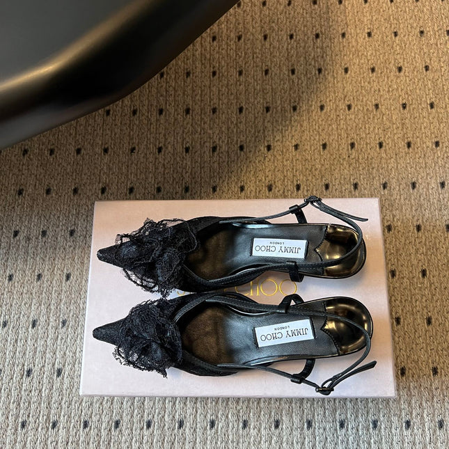 JIMMY CHOO 26S HEELED SLINGSBACKS 50 MM IN BLACK LACE AND CALFSKIN