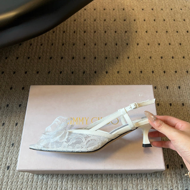 JIMMY CHOO 26S HEELED SLINGSBACKS 50 MM IN WHITE LACE AND CALFSKIN