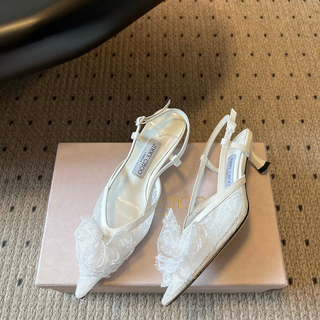 JIMMY CHOO 26S HEELED SLINGSBACKS 50 MM IN WHITE LACE AND CALFSKIN