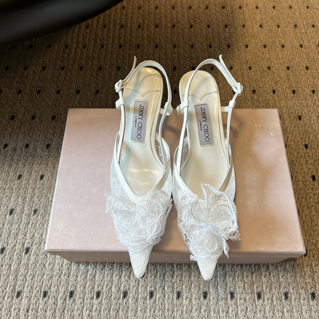 JIMMY CHOO 26S HEELED SLINGSBACKS 50 MM IN WHITE LACE AND CALFSKIN