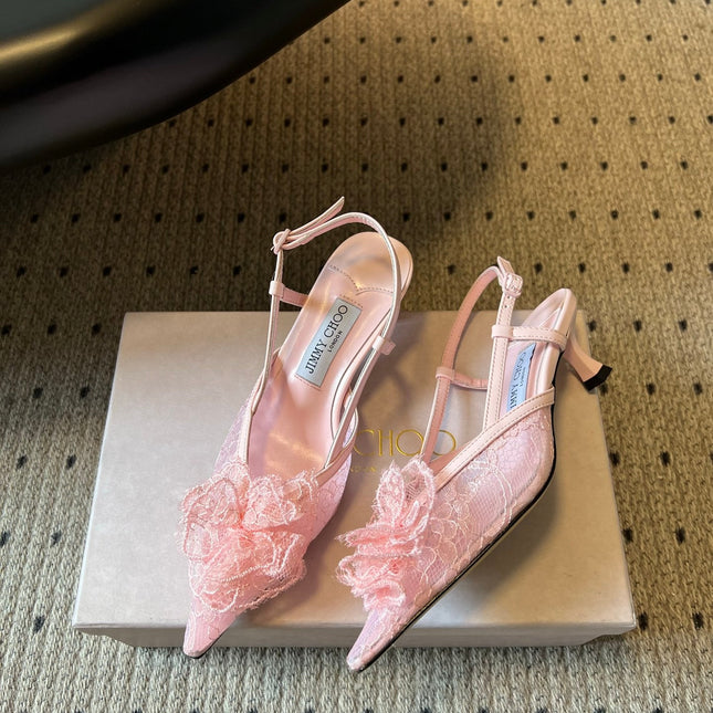 JIMMY CHOO 26S HEELED SLINGSBACKS 50 MM IN BALLET PINK LACE AND CALFSKIN