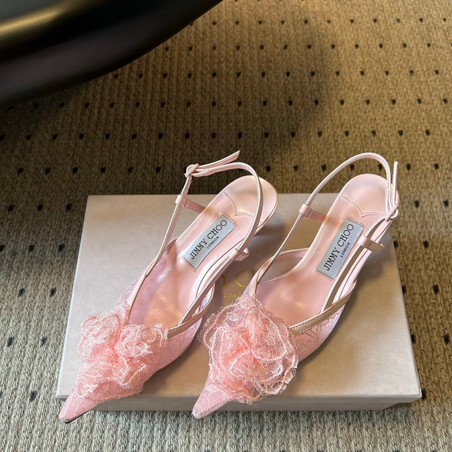 JIMMY CHOO 26S HEELED SLINGSBACKS 50 MM IN BALLET PINK LACE AND CALFSKIN