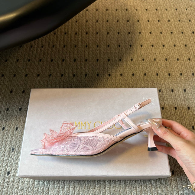 JIMMY CHOO 26S HEELED SLINGSBACKS 50 MM IN BALLET PINK LACE AND CALFSKIN