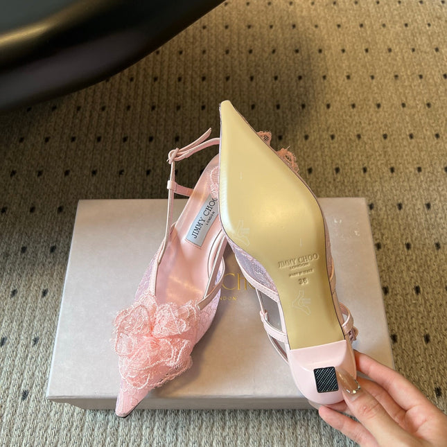 JIMMY CHOO 26S HEELED SLINGSBACKS 50 MM IN BALLET PINK LACE AND CALFSKIN