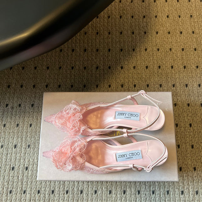 JIMMY CHOO 26S HEELED SLINGSBACKS 50 MM IN BALLET PINK LACE AND CALFSKIN