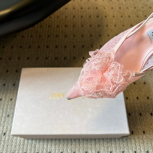 JIMMY CHOO 26S HEELED SLINGSBACKS 50 MM IN BALLET PINK LACE AND CALFSKIN