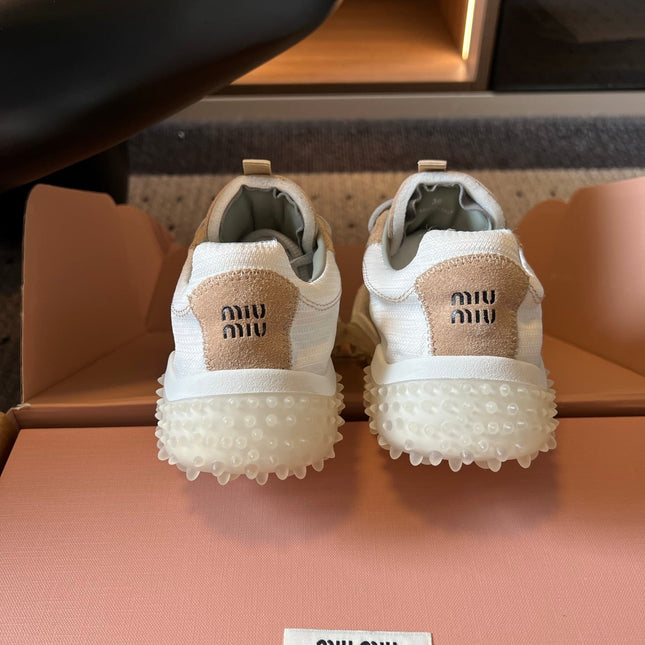 MIUMIU 26S SNEAKERS IN WHITE FABRIC AND BROWN SUEDE