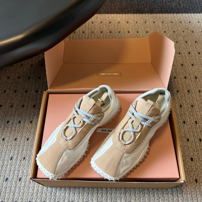 MIUMIU 26S SNEAKERS IN WHITE FABRIC AND BROWN SUEDE