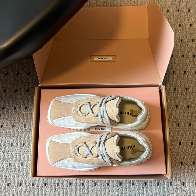 MIUMIU 26S SNEAKERS IN WHITE FABRIC AND BROWN SUEDE