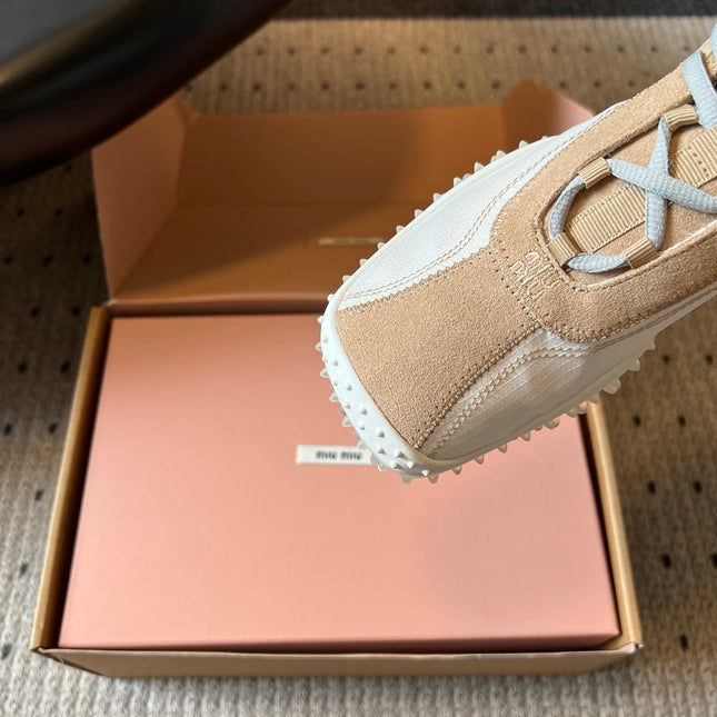MIUMIU 26S SNEAKERS IN WHITE FABRIC AND BROWN SUEDE