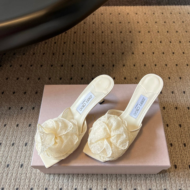 JIMMY CHOO 26S HIGH-HEEL SANDALS 70 MM IN CREAM WHITE LACE AND CALFSKIN