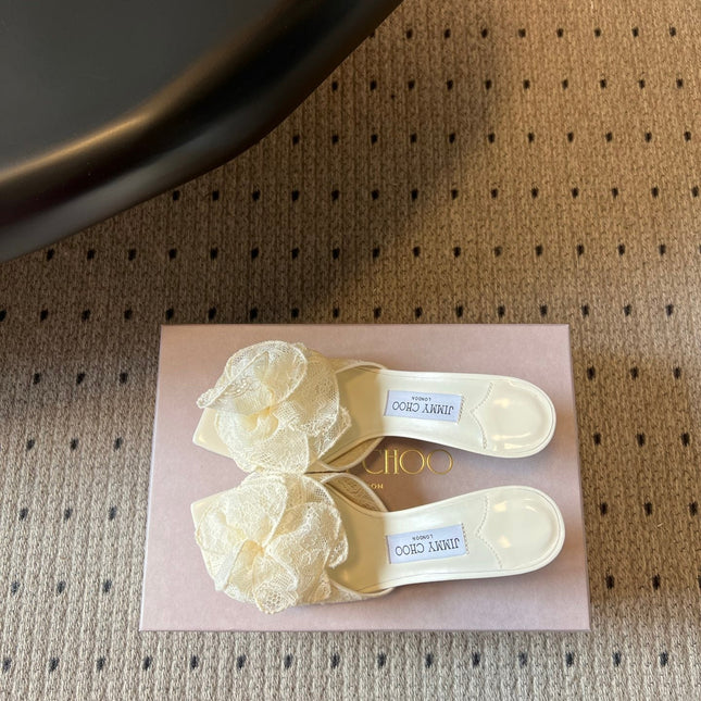JIMMY CHOO 26S HIGH-HEEL SANDALS 70 MM IN CREAM WHITE LACE AND CALFSKIN