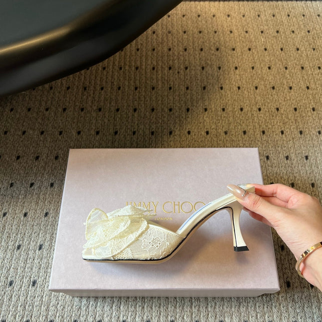 JIMMY CHOO 26S HIGH-HEEL SANDALS 70 MM IN CREAM WHITE LACE AND CALFSKIN