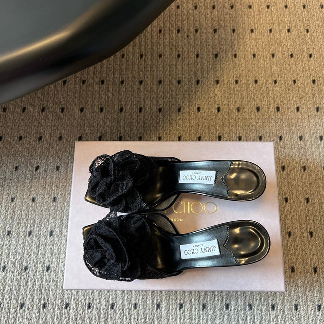 JIMMY CHOO 26S HIGH-HEEL SANDALS 70 MM IN BLACK LACE AND CALFSKIN
