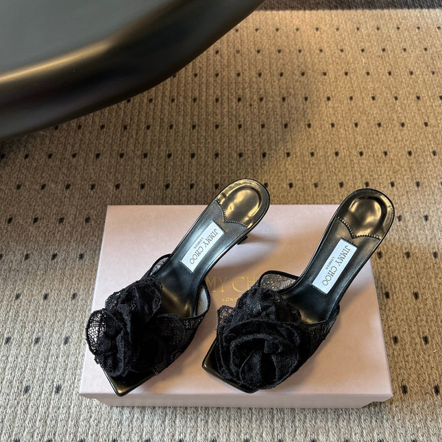 JIMMY CHOO 26S HIGH-HEEL SANDALS 70 MM IN BLACK LACE AND CALFSKIN