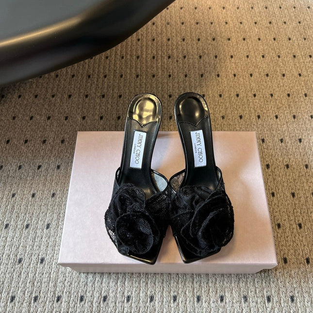 JIMMY CHOO 26S HIGH-HEEL SANDALS 70 MM IN BLACK LACE AND CALFSKIN