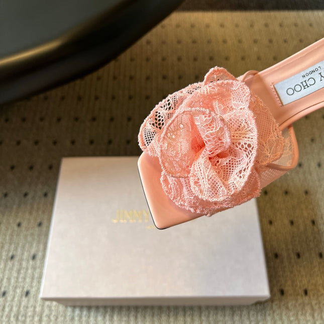JIMMY CHOO 26S HIGH-HEEL SANDALS 70 MM IN BALLET PINK LACE AND CALFSKIN