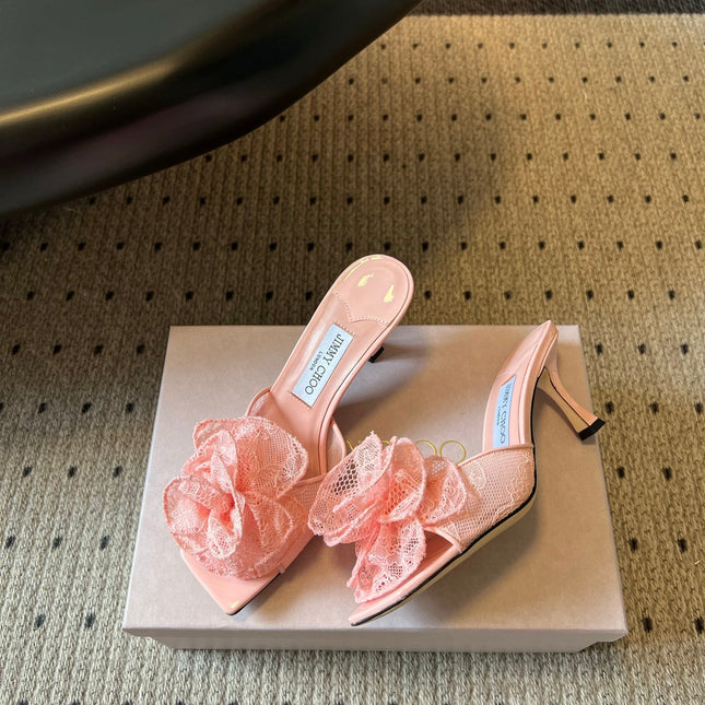 JIMMY CHOO 26S HIGH-HEEL SANDALS 70 MM IN BALLET PINK LACE AND CALFSKIN
