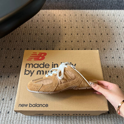 MIUMIU 26S SNEAKER MULES IN CAMEL BROWN SUEDE MIX FABRIC