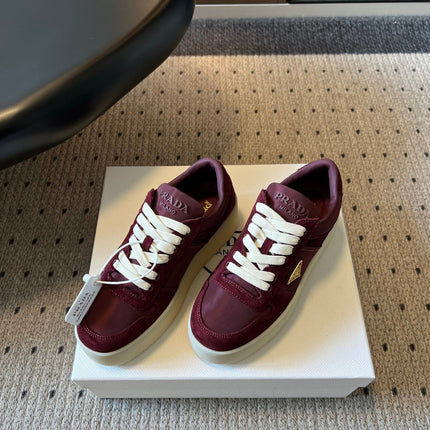 PRADA 26S PLATFORM SNEAKERS IN DARK RED FABRIC MIX SUEDE