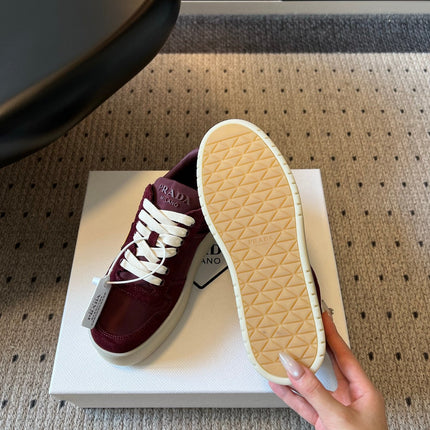 PRADA 26S PLATFORM SNEAKERS IN DARK RED FABRIC MIX SUEDE