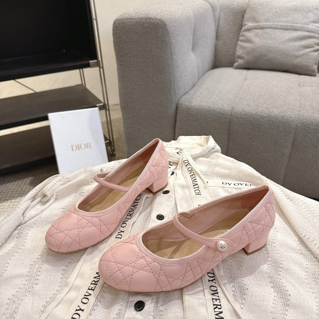 DIOR 26S MARY JANE PUMPS IN LIGHT PINK LAMBSKIN PEARL-ADORNED STRAP